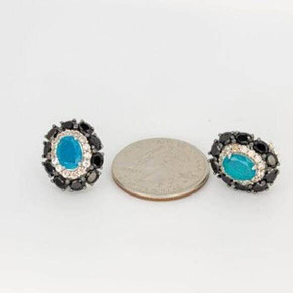 Genuine Untreated Paraiba Blue Opal Black Spinel White Zircon Earrings - Picture 13 of 16